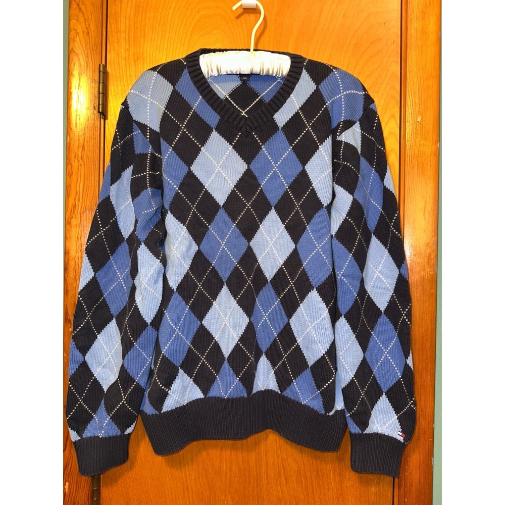 Tommy Hilfiger Mens Blue Pullover V Neck‎ Argyle Diamond Sweater Size L